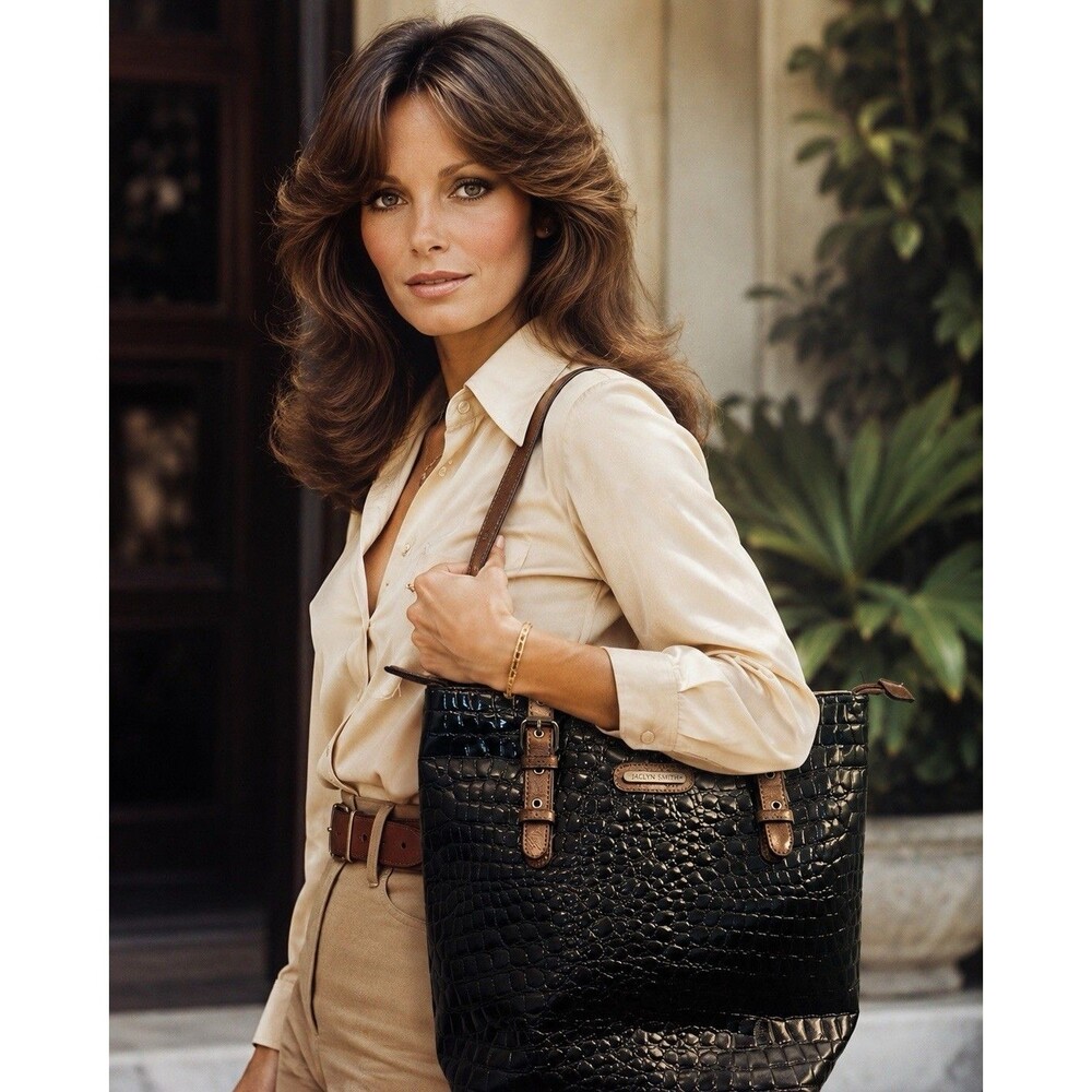 Jaclyn Smith Black Croc Embossed Tote Bag Vegan Patent Shoulder Purse Chic